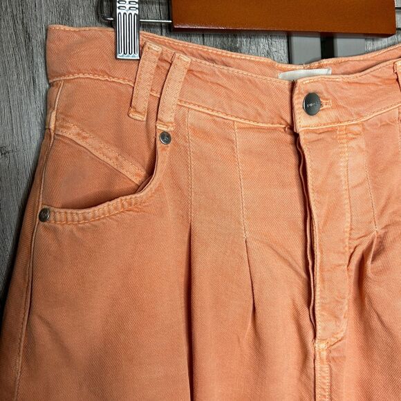 Pilcro Anthropologie Mini Skirt Denim Soft Raw Hem Pleated Peach Orange Size 6 - Picture 3 of 7